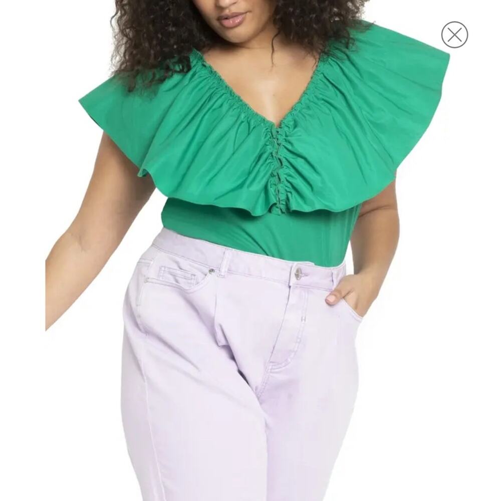 Eloquii Top Plus Size NEW Ruffled Collar Green Mixed Media V-Neck Women's 26/28